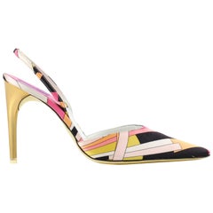 EMILIO PUCCI S/S 2005 Geometric Print Satin Pointed Toe Sling Back Gold Pumps