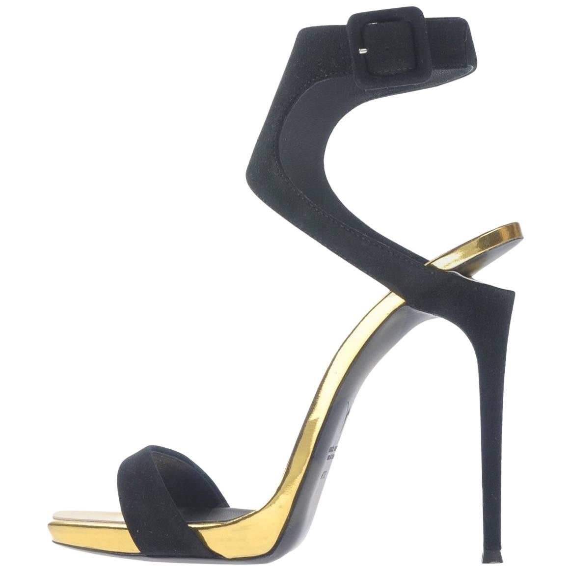 Giuseppe Zanotti New Black Suede Gold Evening Sandals Heels in Box