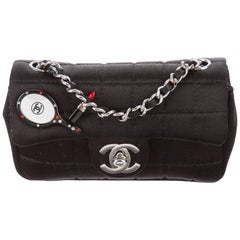 Chanel New Black Satin Racket Lipstick Small Evening Shoulder Flap Bag