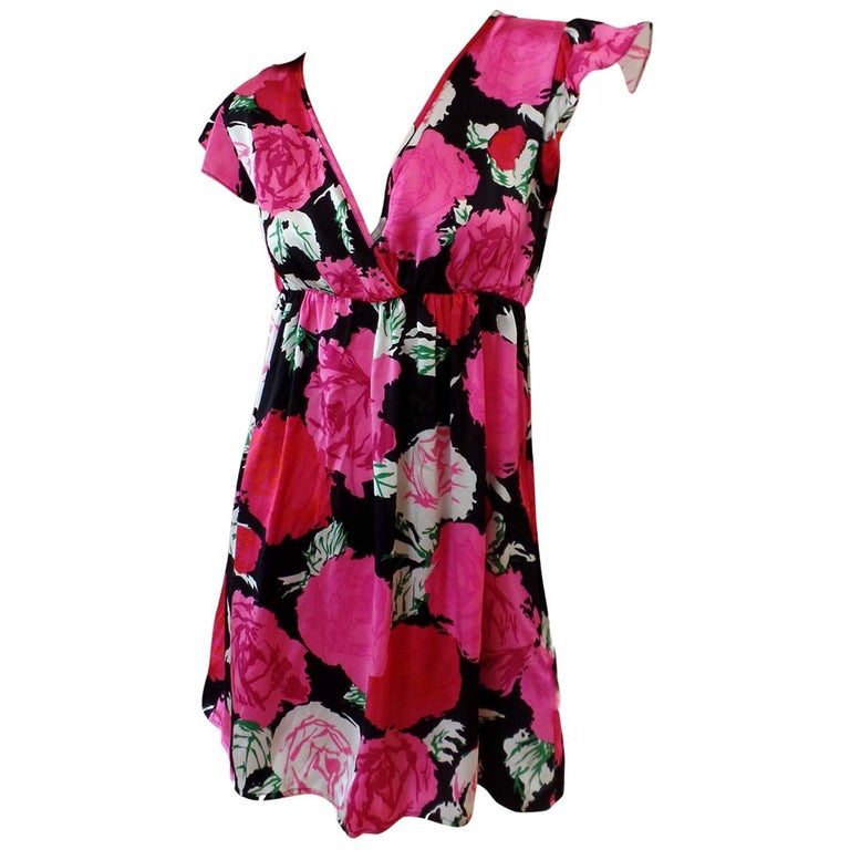 Flora Kung Silk Satin Mock Wrap Rose Print Doll Dress For Sale at 1stDibs