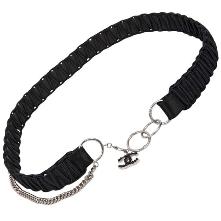CHANEL Belt in Black Satin, Leather and Silver Chain 