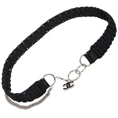 CHANEL Belt in Black Satin, Leather and Silver Chain