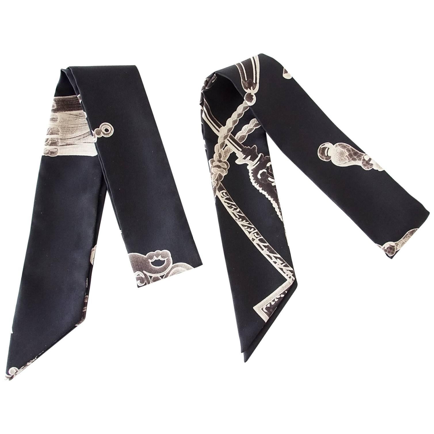 Hermes Twilly Scarf Les Cles Rare Set Black Taupe and Bone