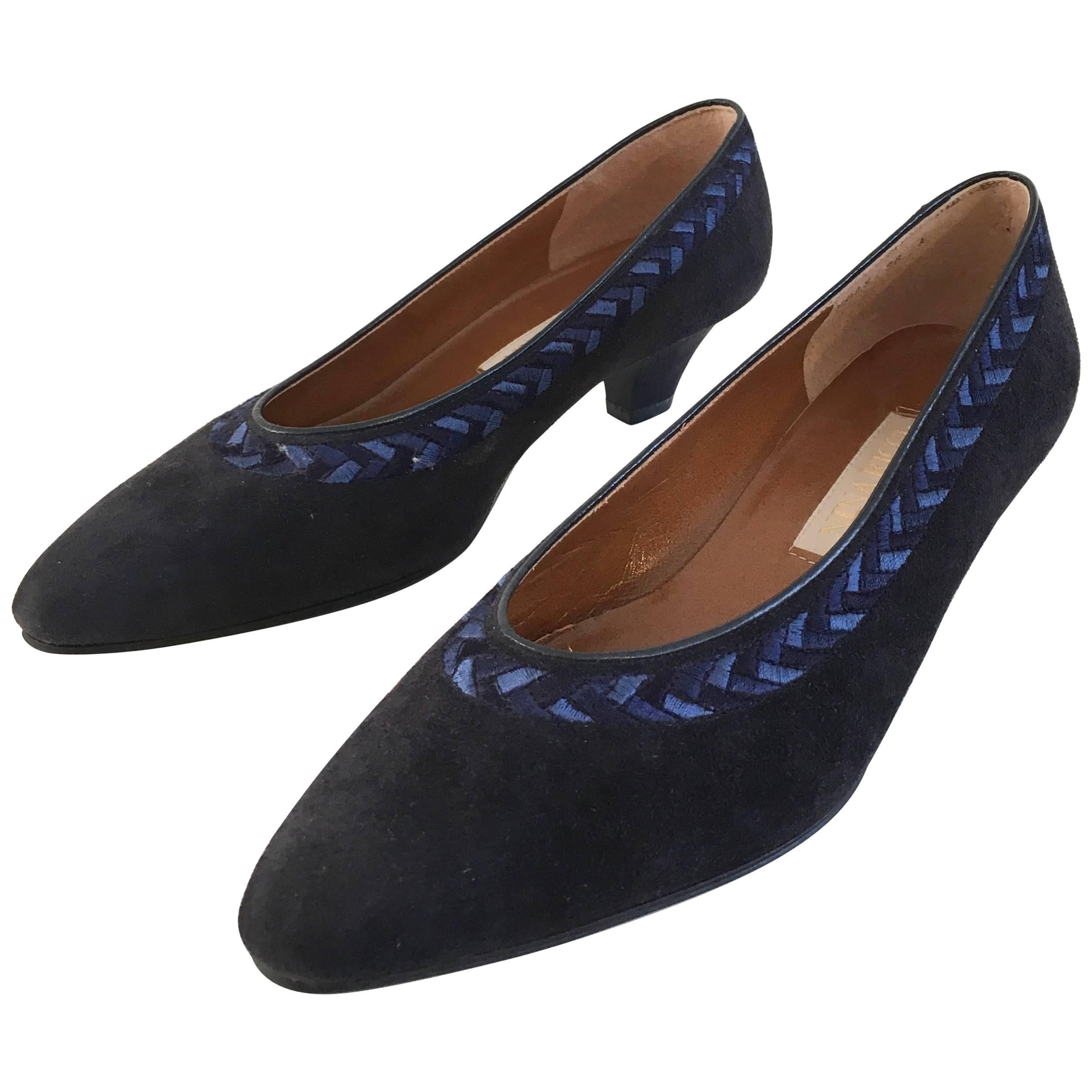 Nina Ricci Navy Suede Low Heel Slip On Shoes  For Sale