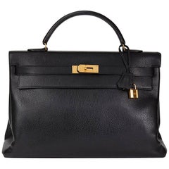 Hermès Noir Ardennes Cuir Vintage Kelly 40cm Retournee