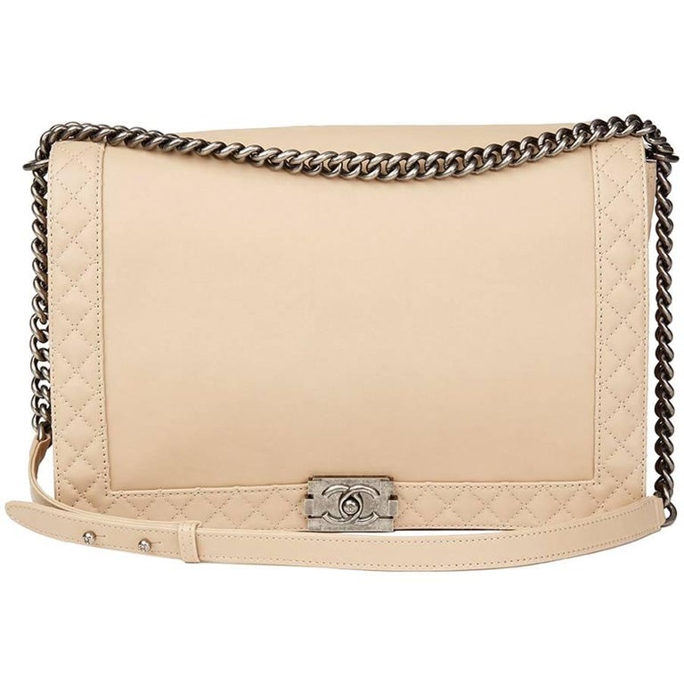 Chanel Boy Reverso Large Taupe Brown/Black Lambskin with Fabric Lining and Ruthenium Hardware Shoulder Bag