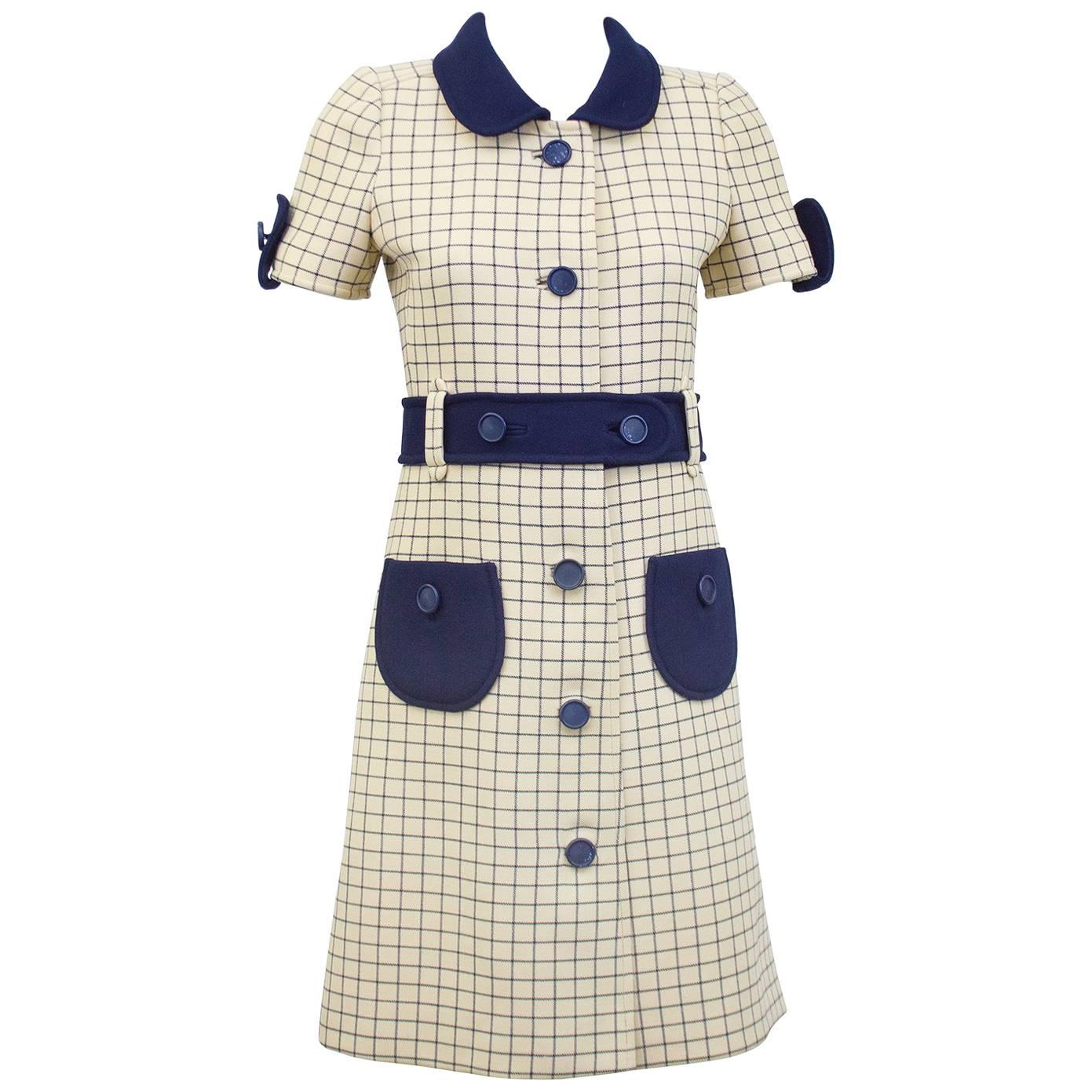 1960s Courreges Cream and Navy Blue Windowpane Day Dress 