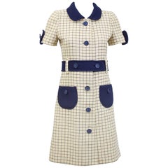 1960s Courreges Cream and Navy Blue Windowpane Day Dress
