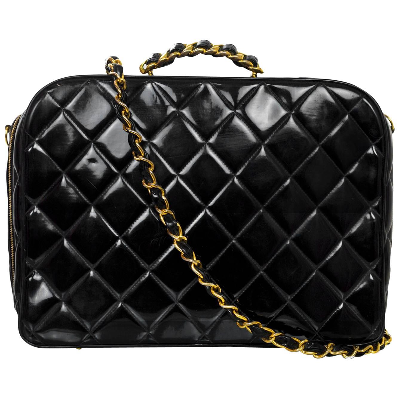 Chanel '90s Vintage Black Quilted Patent Travel Bag w/ Strap