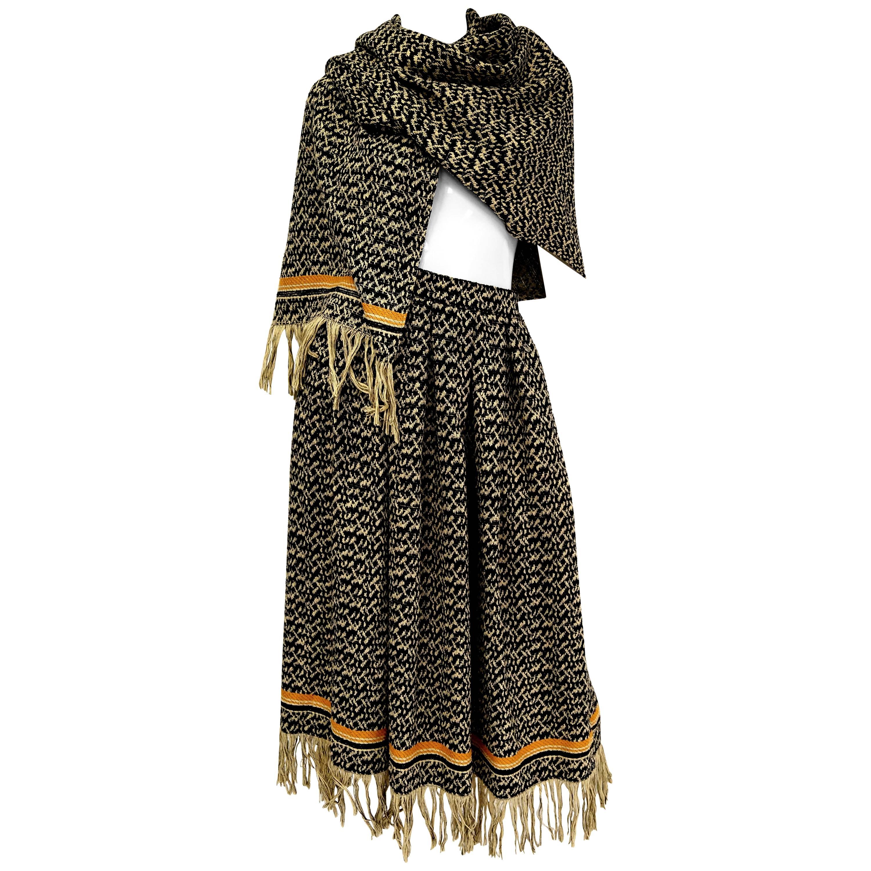 Early 1970s Anne Klein Black and Beige Wool Fringe Skirt and Shawl  14