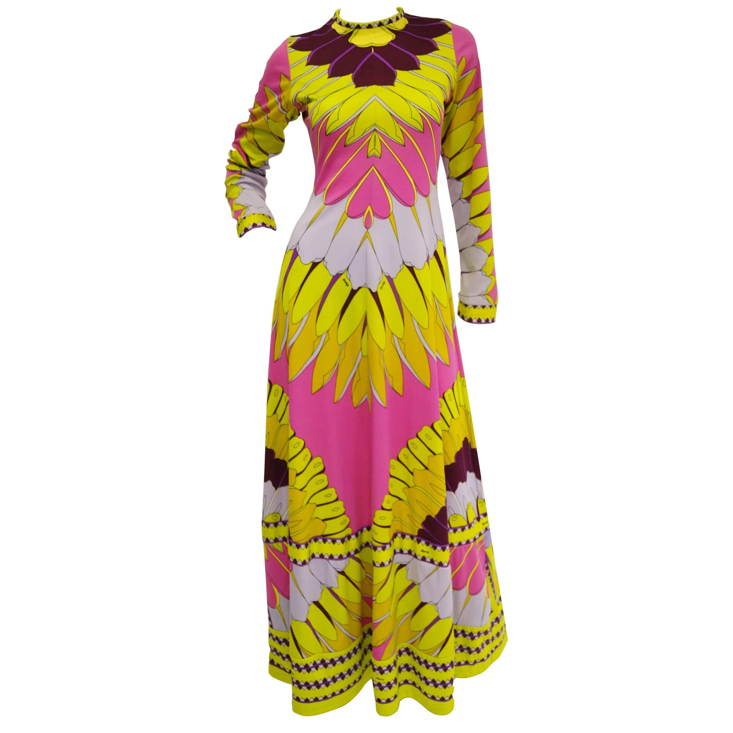 1970s Artemis Neon Pink and Gold Petal Maxi Dress
