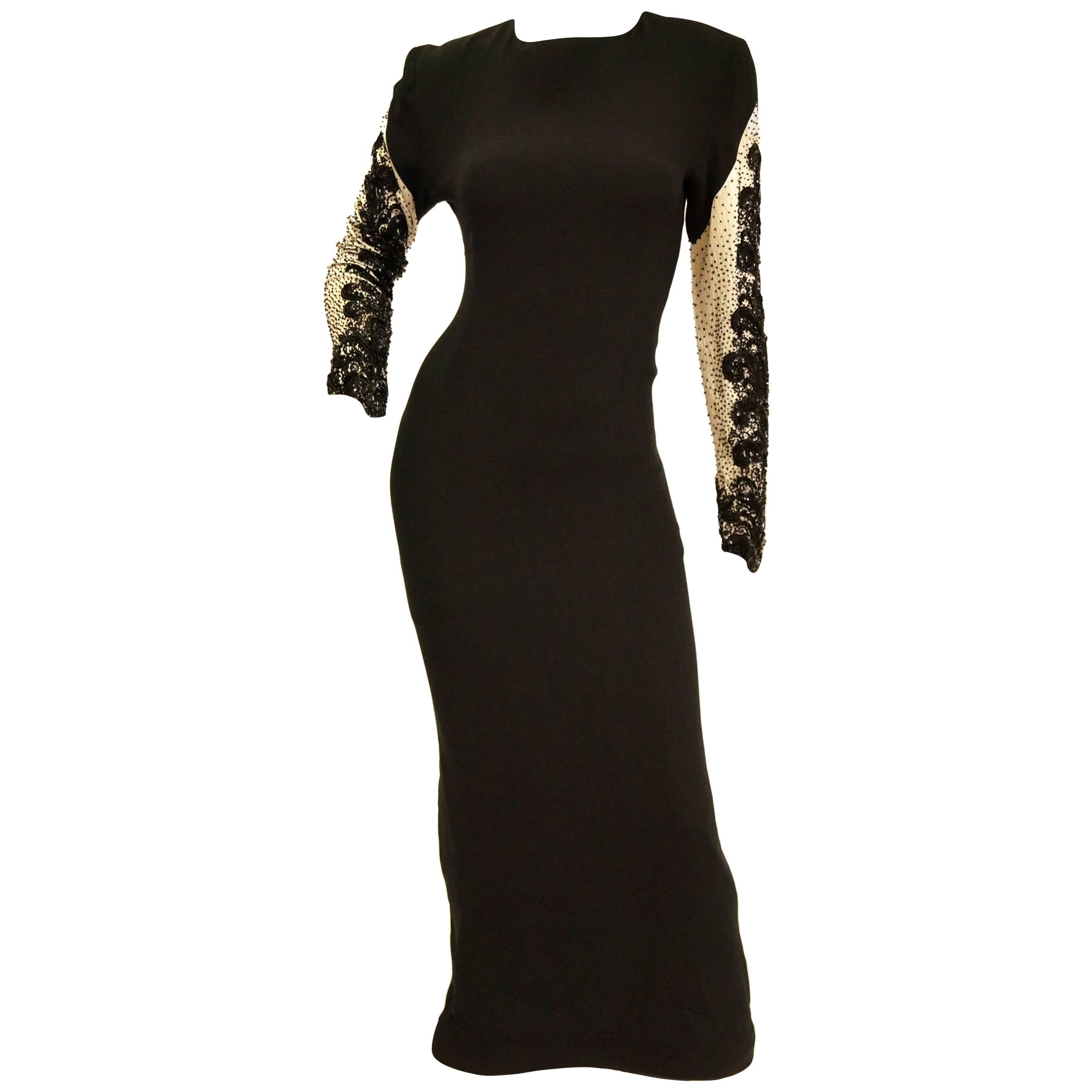 1980s Bill Blass Couture Black and White Beaded Evening Dress For Sale