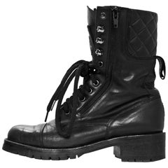 Chanel Vintage Black Leather Lace Up Combat Boots sz 38