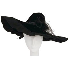 1940s Black Velvet Wide Brim Conical Hat