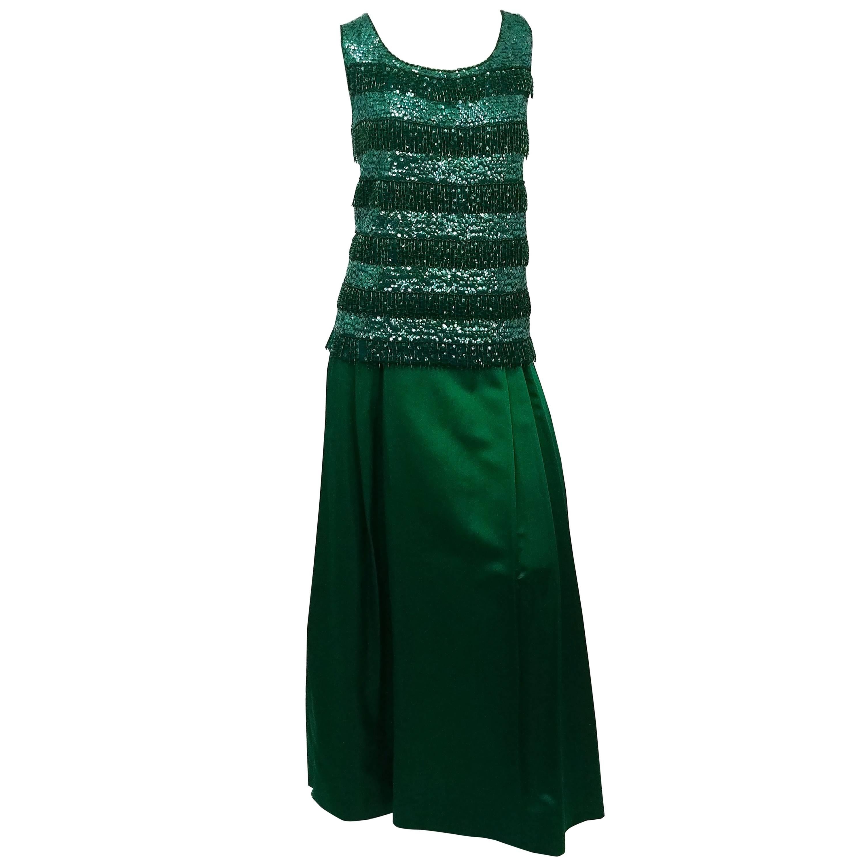Emerald Green Sequin Top and Satin Evening Skirt, 1960s  For Sale