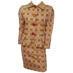 Vintage Bill Blass Orange Plaid Skirt Suit with Wax Seal Buttons, 1980s