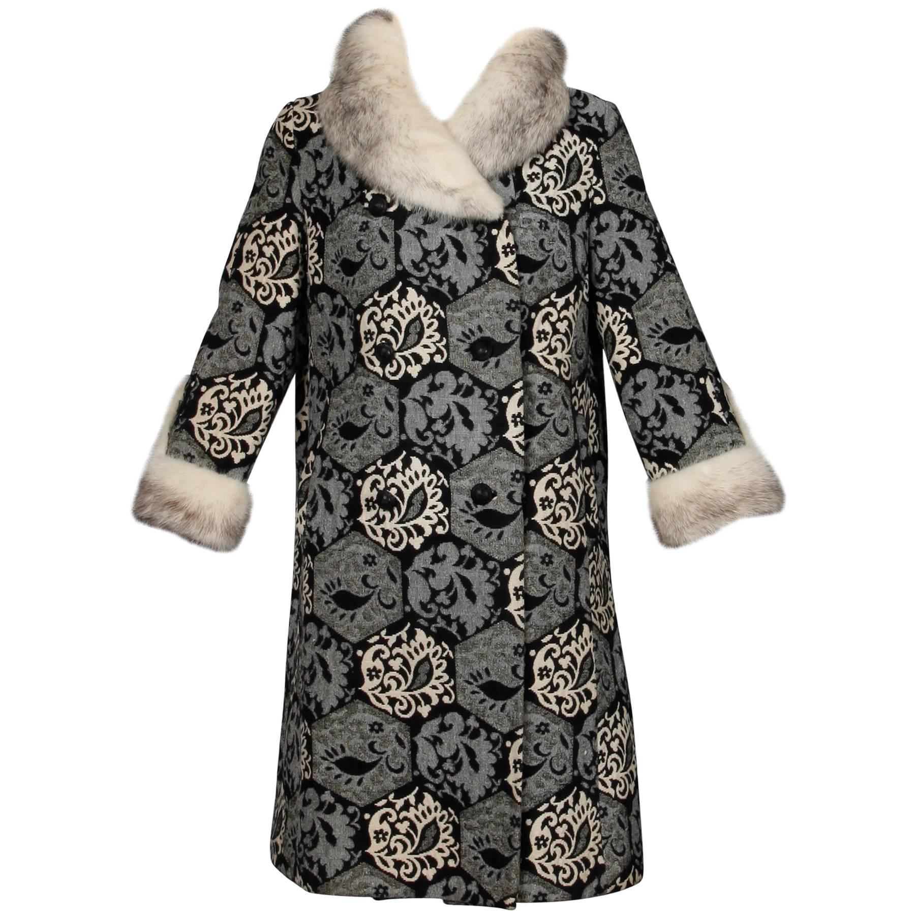1960s Vintage Wool Tapestry Coat with Black, White Cross Mink Fur Collar + Cuffs