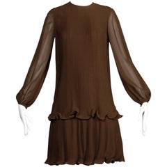 Stunning 1970s Pierre Cardin Vintage Brown Silk Pleated Drop Waist Dress