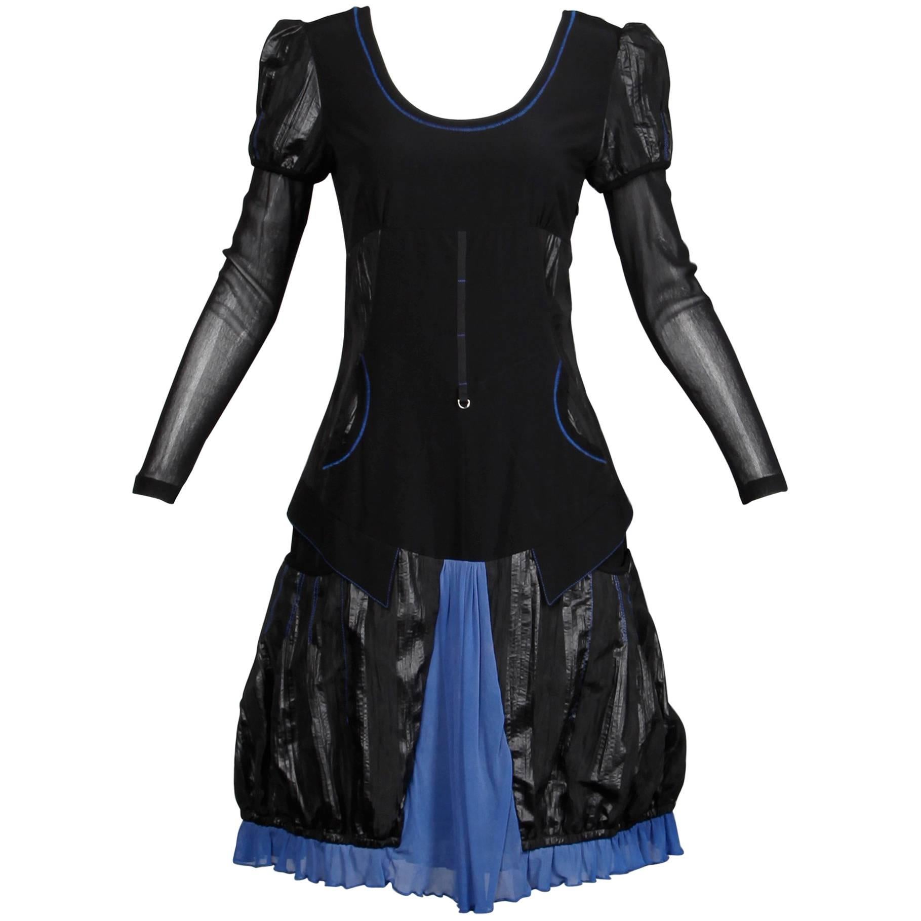 1990s Krizia Vintage Blue + Black Avant Garde Mesh Goth Parachute Dress For Sale