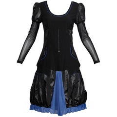1990s Krizia Vintage Blue + Black Avant Garde Mesh Goth Parachute Dress