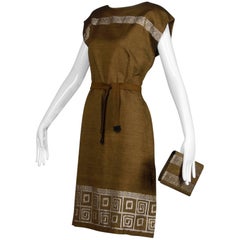1960s Vintage Olive Green Greek-Made Dress + Matching Clutch Purse & Belt Sash