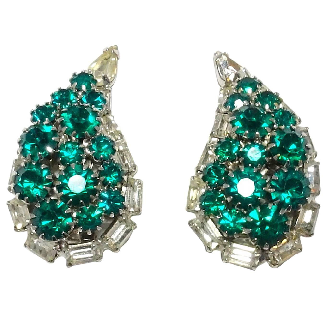 Vintage 60s Teardrop Faux Emerald and Rhinestone Earrings
