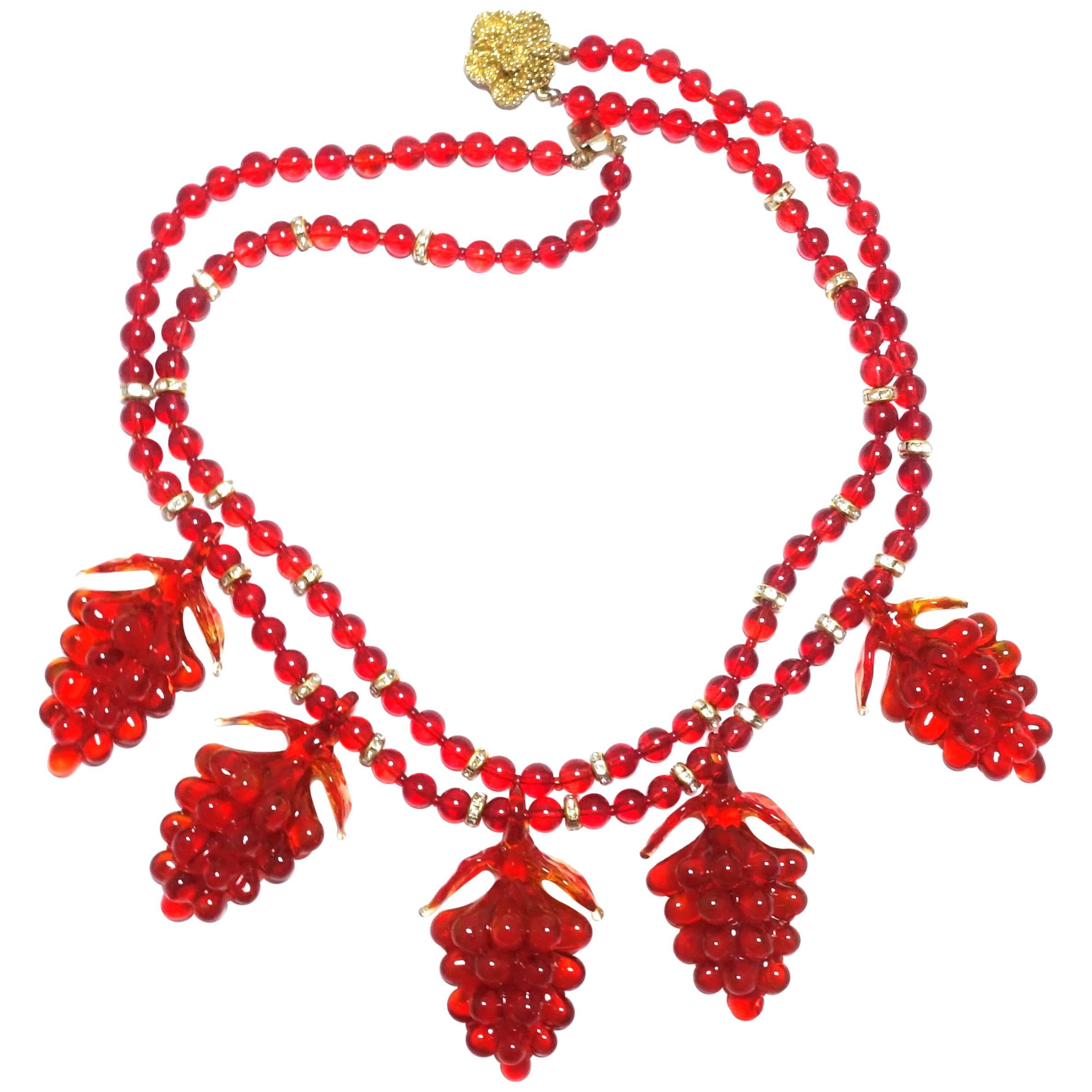 Czech Vintage Red Glass Grapes Necklace, 1930s  For Sale