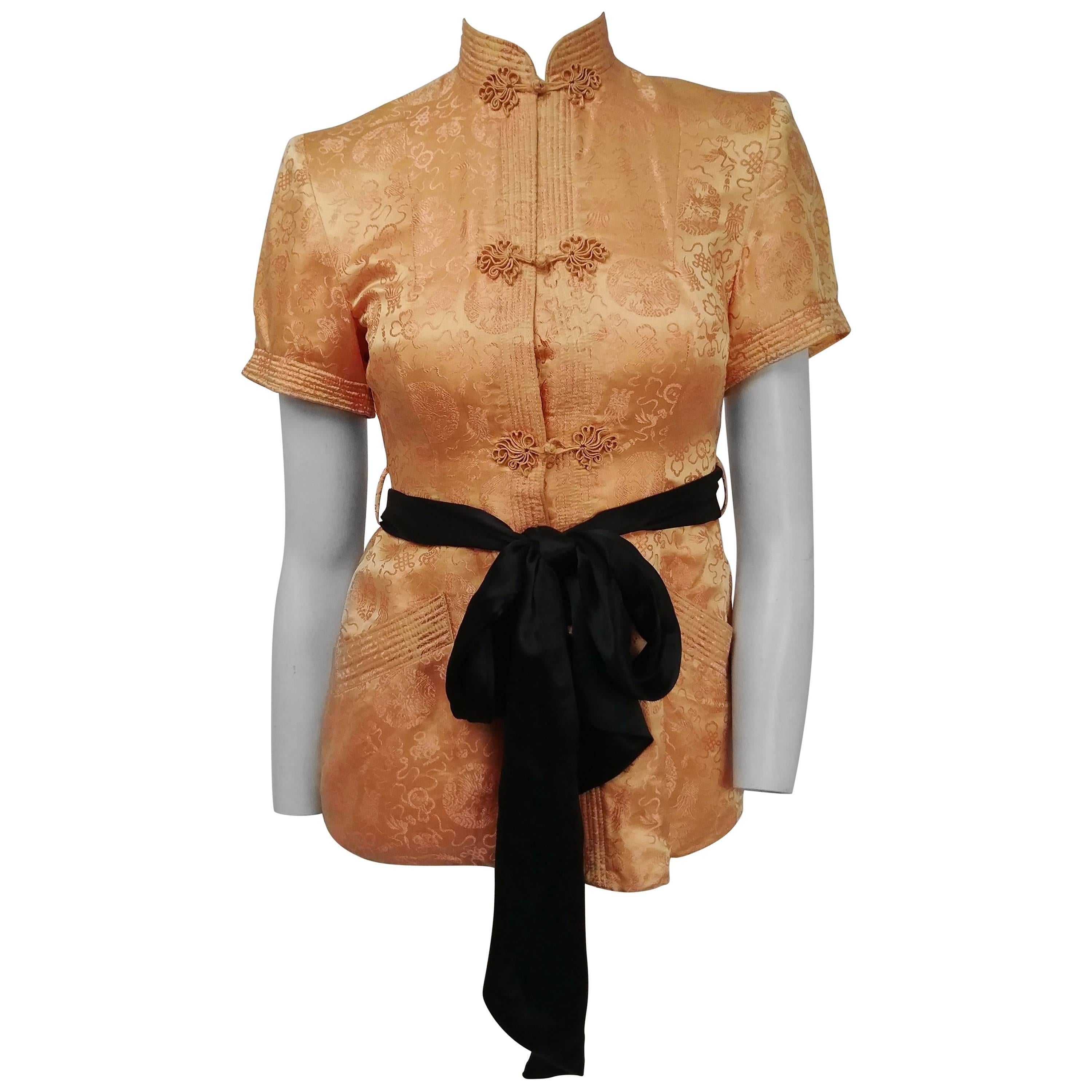1940s Chinese Style High Collar Blouse w/ Ribbon Sash For Sale