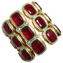 Wide Kenneth Jay Lane Red Rhinestone And Turquoise Enamel Stretch Bracelet