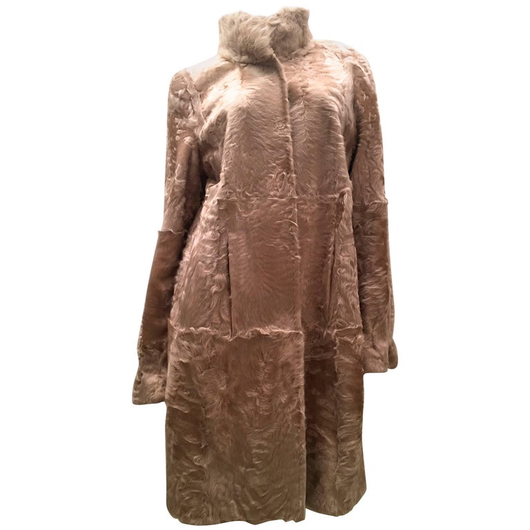 Swakara Lamb Fur Coat Fully Reversible Silk Taffeta Beige For Sale at
