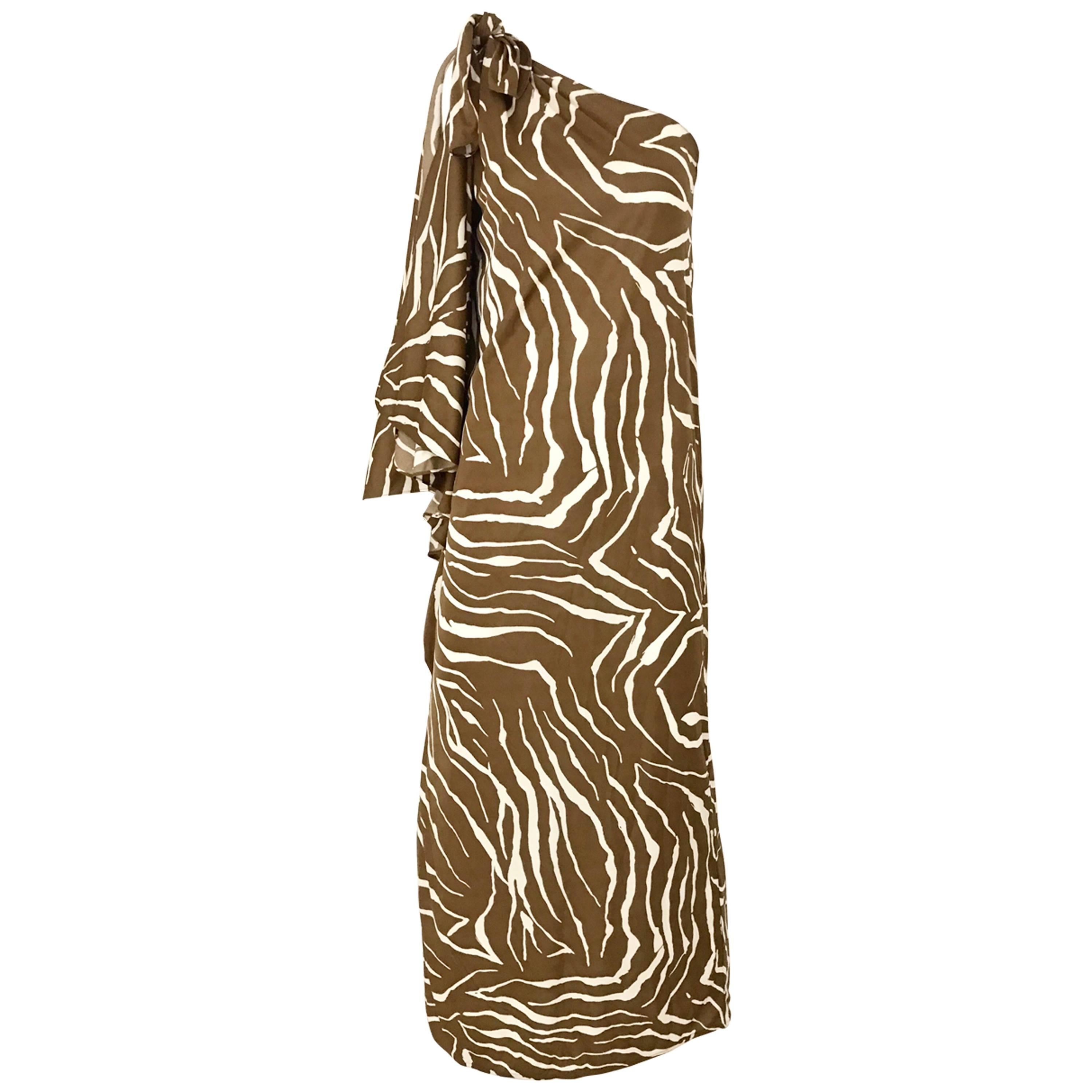 1970s Bill Tice Zebra Print One Shoulder Jersey Dress