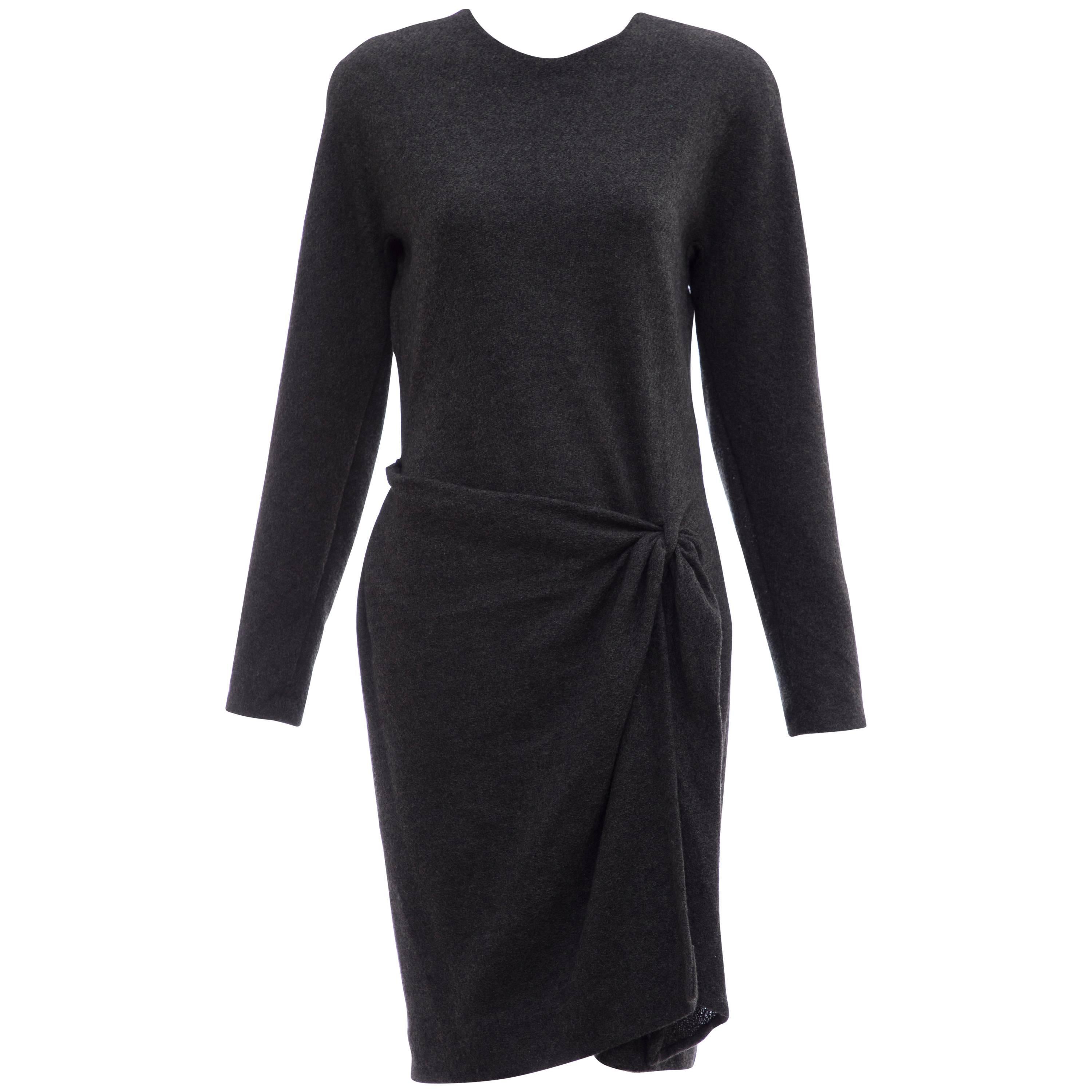 Donna Karan Charcoal Grey Alpaca Wool Crepe Jersey Wrap Dress,  Circa 1980's For Sale