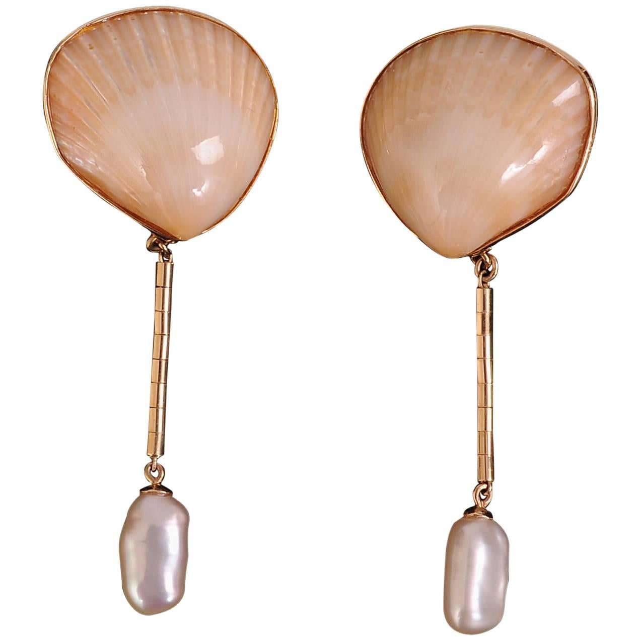 Marguerite Stix Night and Day Shell Pearl and Gold Earrings