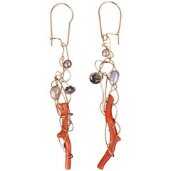 Kazuko Gold, Pearl, Crystal and Branch Coral Earrings