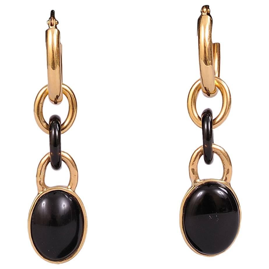 18K Gold and Onyx Vintage Pierced Earrings, Made in Italy