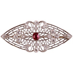 Burma Ruby Diamond and Platinum Brooch