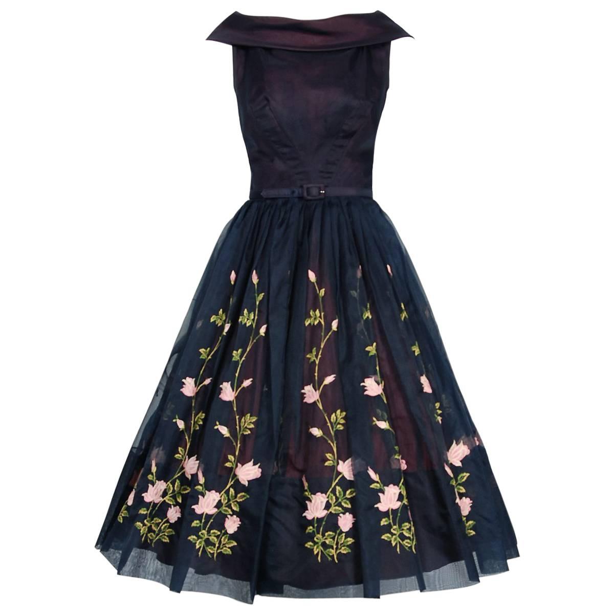 1950's Claudia Young Floral Garden Embroidered Navy Organza Belted Party Dress