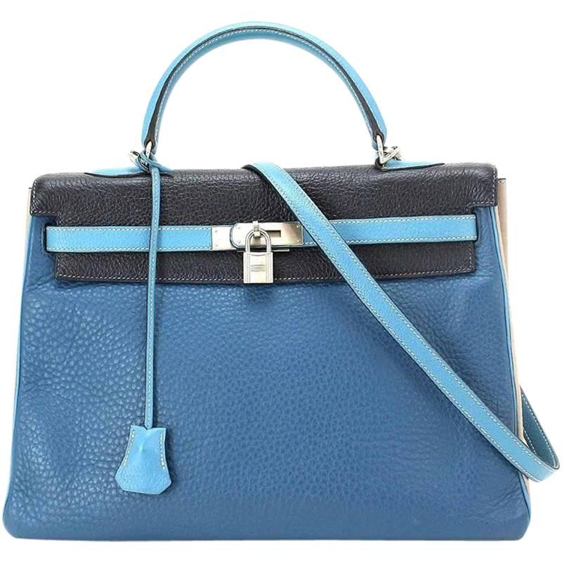 Hermes 4 color Kelly 35cm Blue Jean Blue Nuit Clemence Limited Edition - Rare For Sale