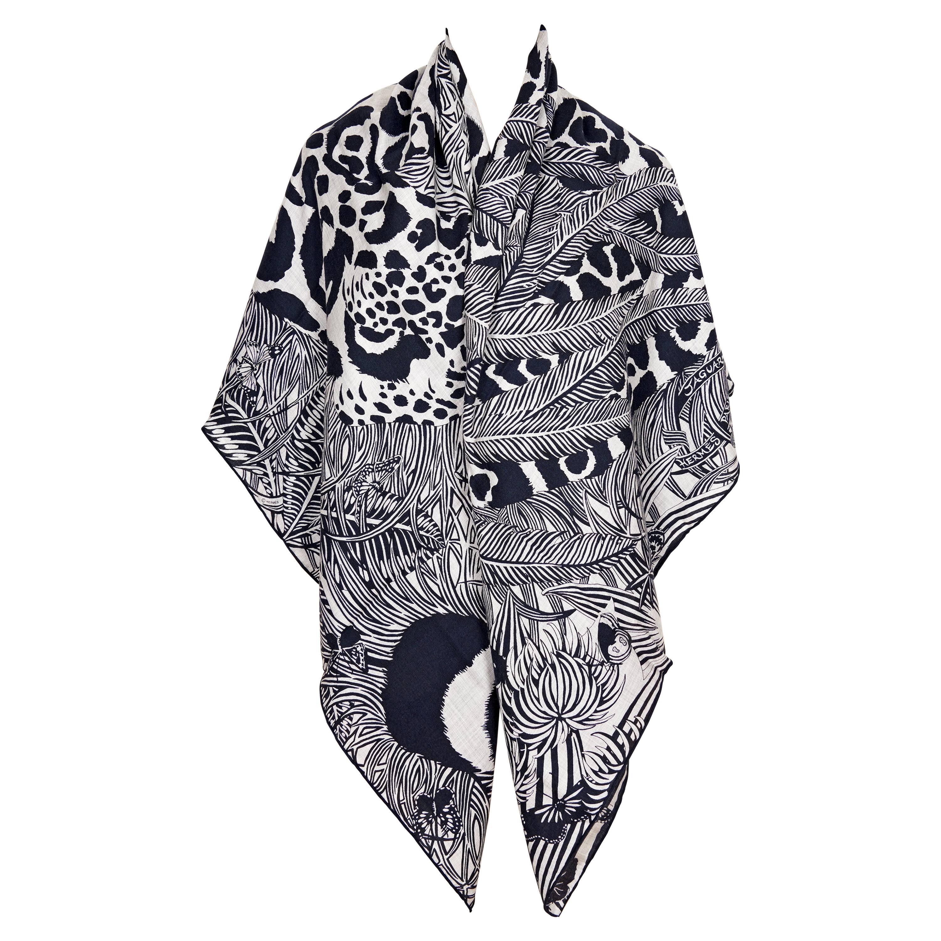 Hermes Black and Grey Cat and Bird Headdress Cashmere Shawl Scarf GM