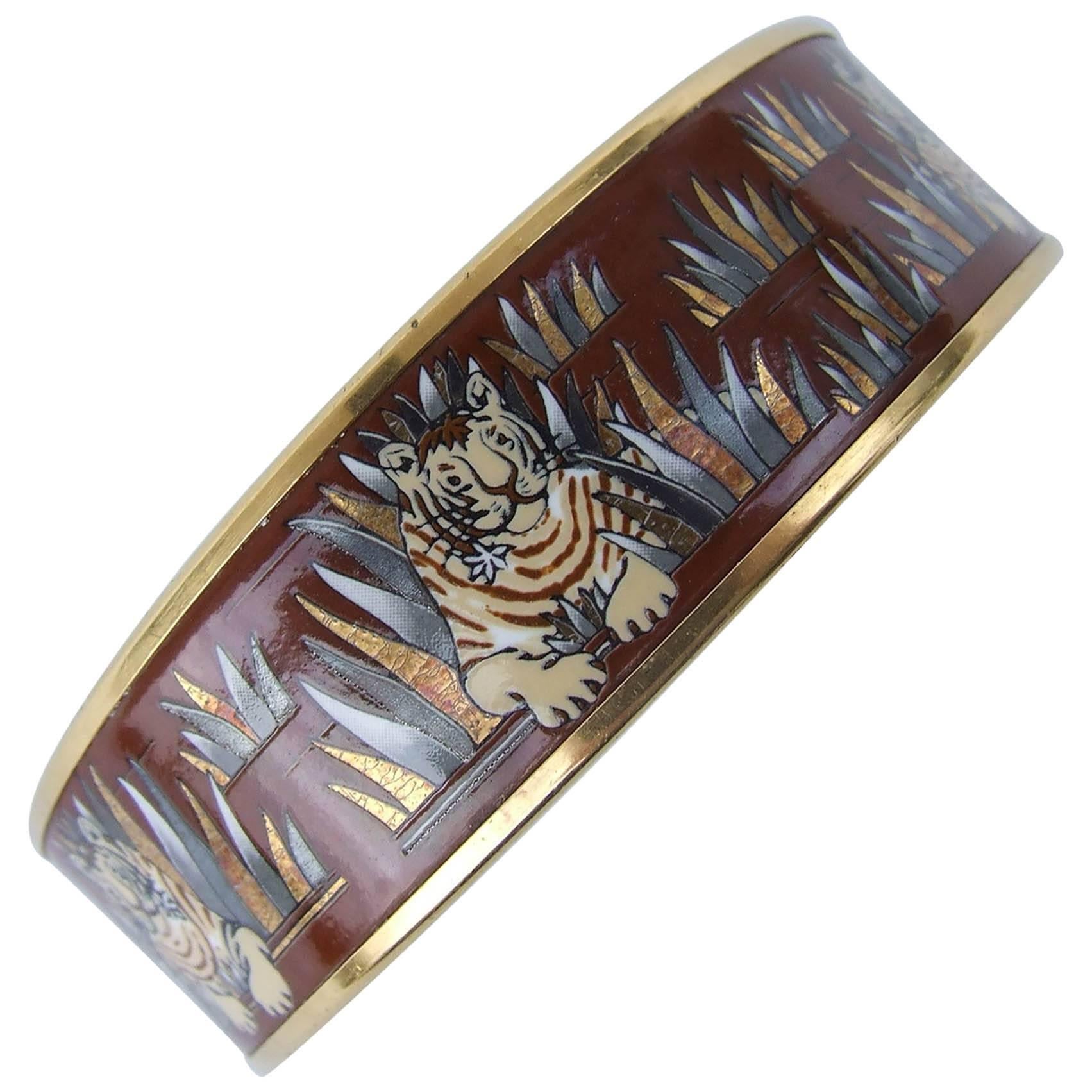 Hermes Vintage Printed Enamel Bracelet Tigers in the Herbs Joachim Metz GHW RARE