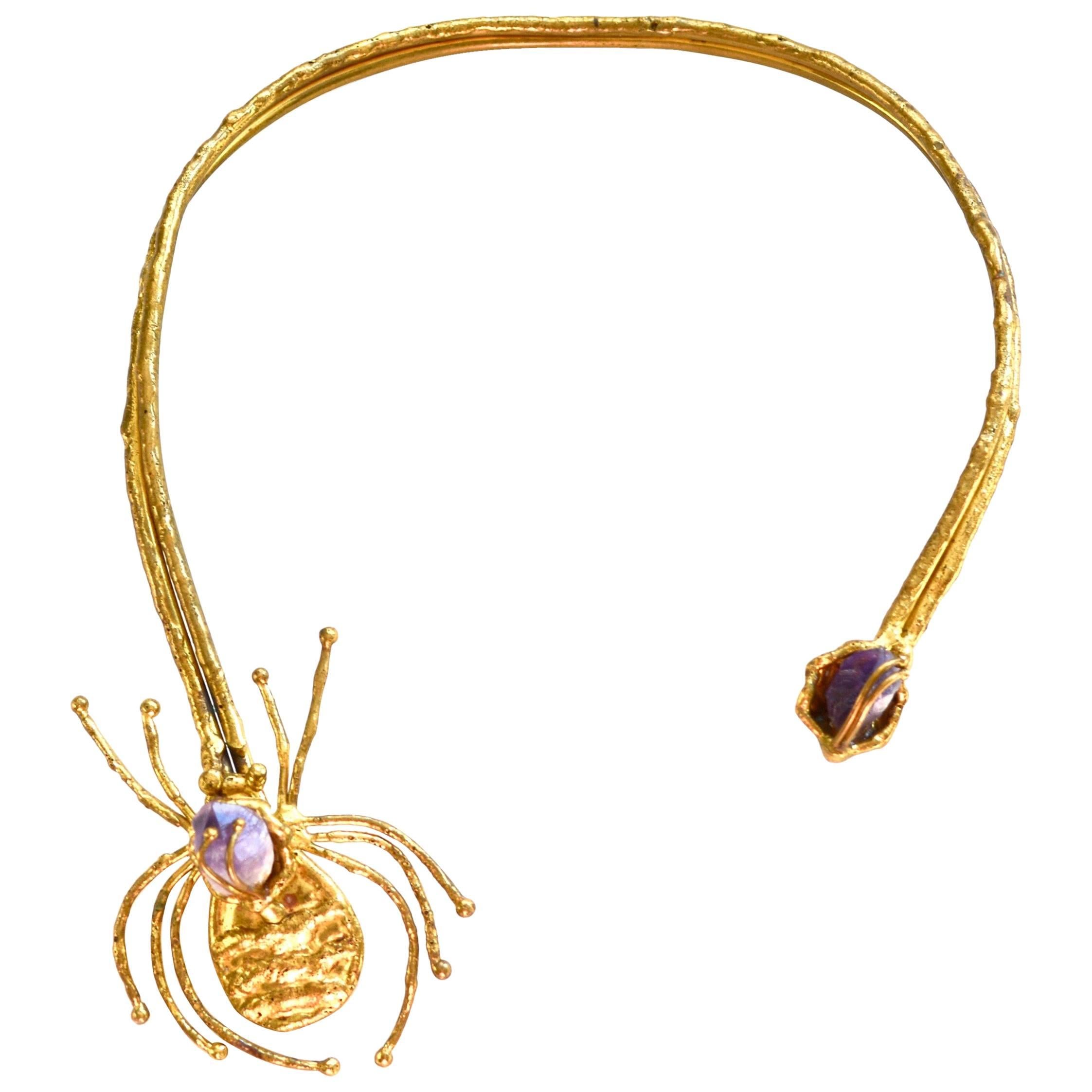 1970s Amethyst Brutalist Spider Necklace  For Sale