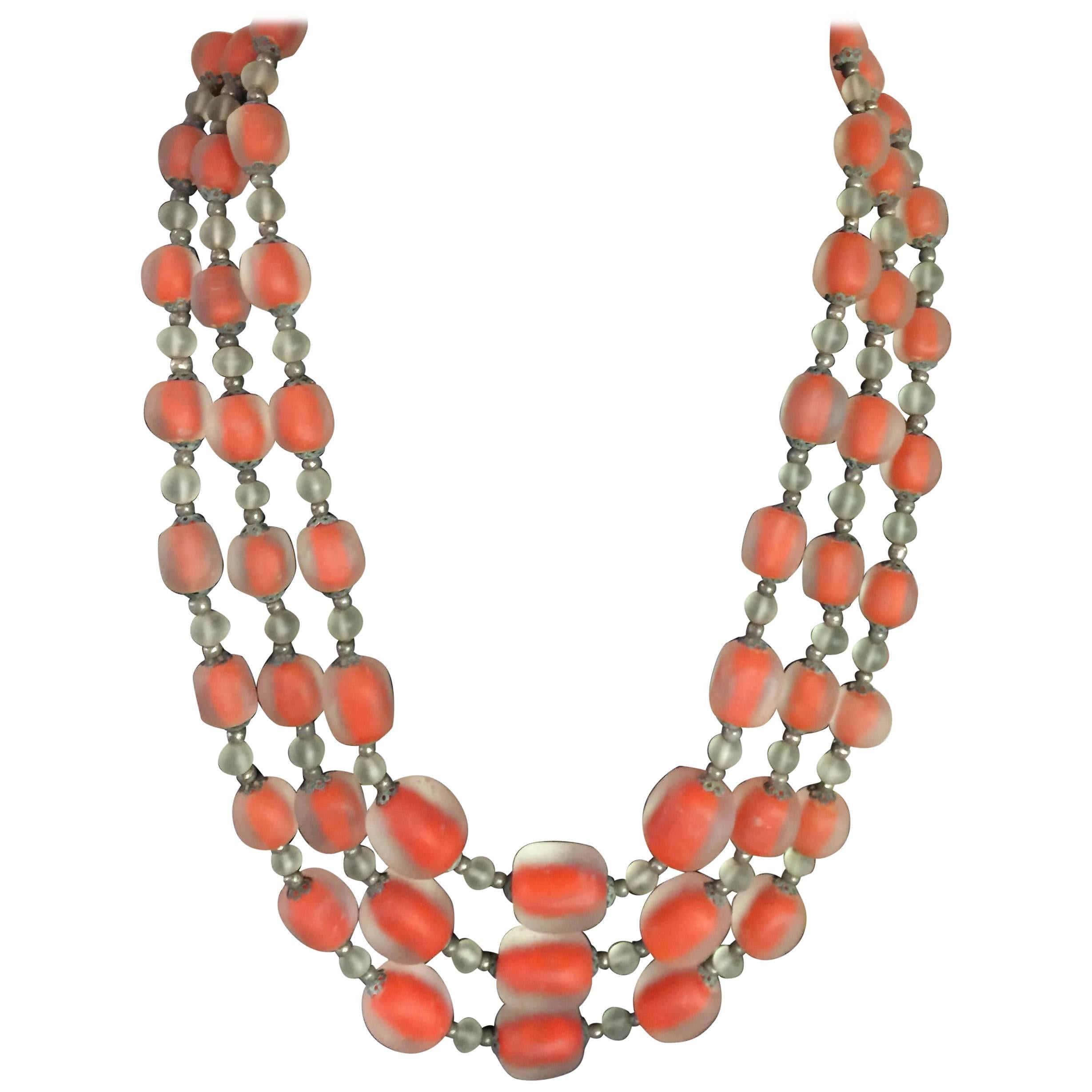 1960s Italian Frosted and Cased Glass Beaded Triple Strand Necklace For Sale