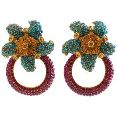 Vintage Rhinestone Flower Doorknocker Earrings 