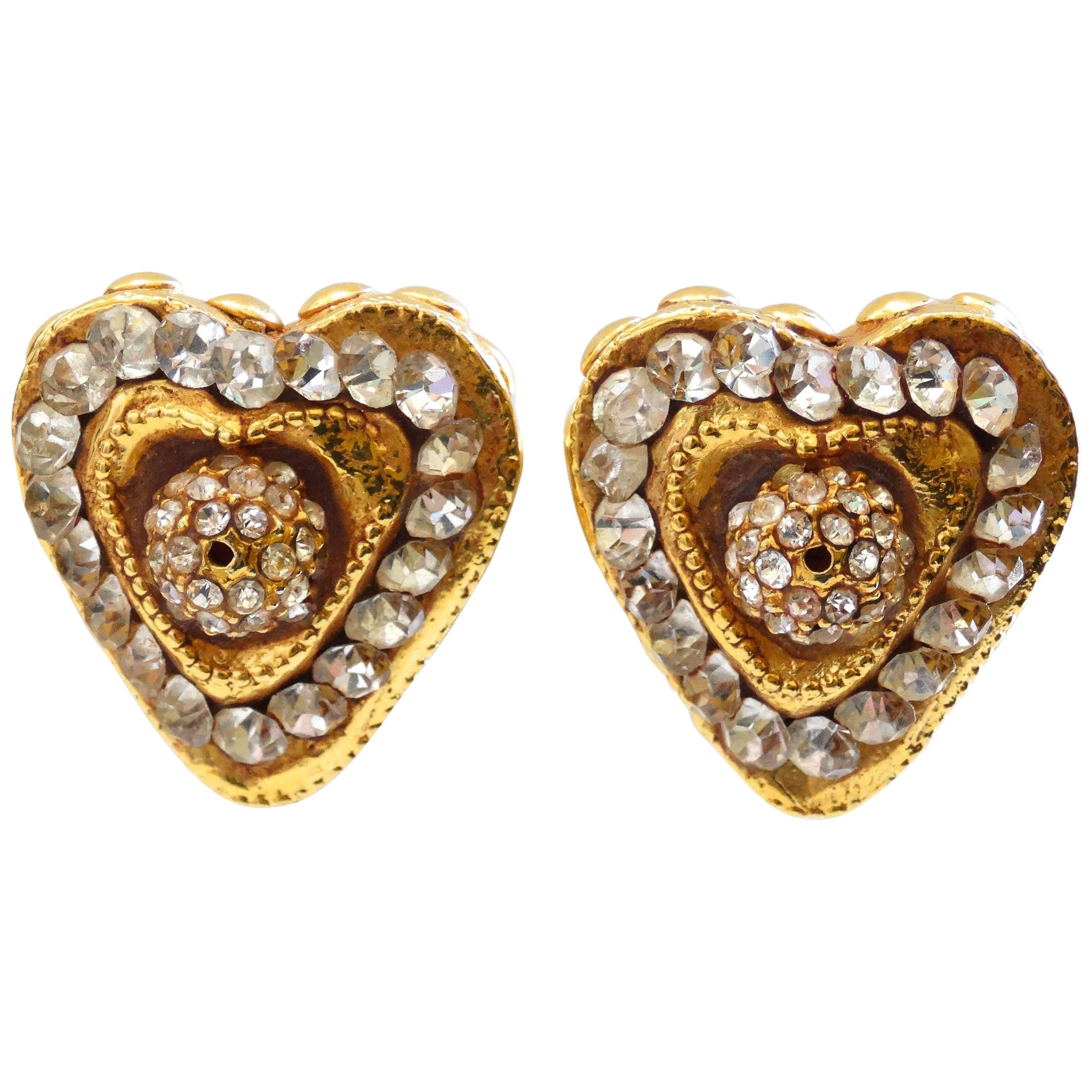 Kalinger Paris Heart Shaped Rhinestone Earrings  For Sale