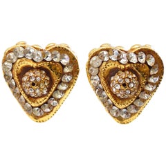 Vintage Kalinger Paris Heart Shaped Rhinestone Earrings 