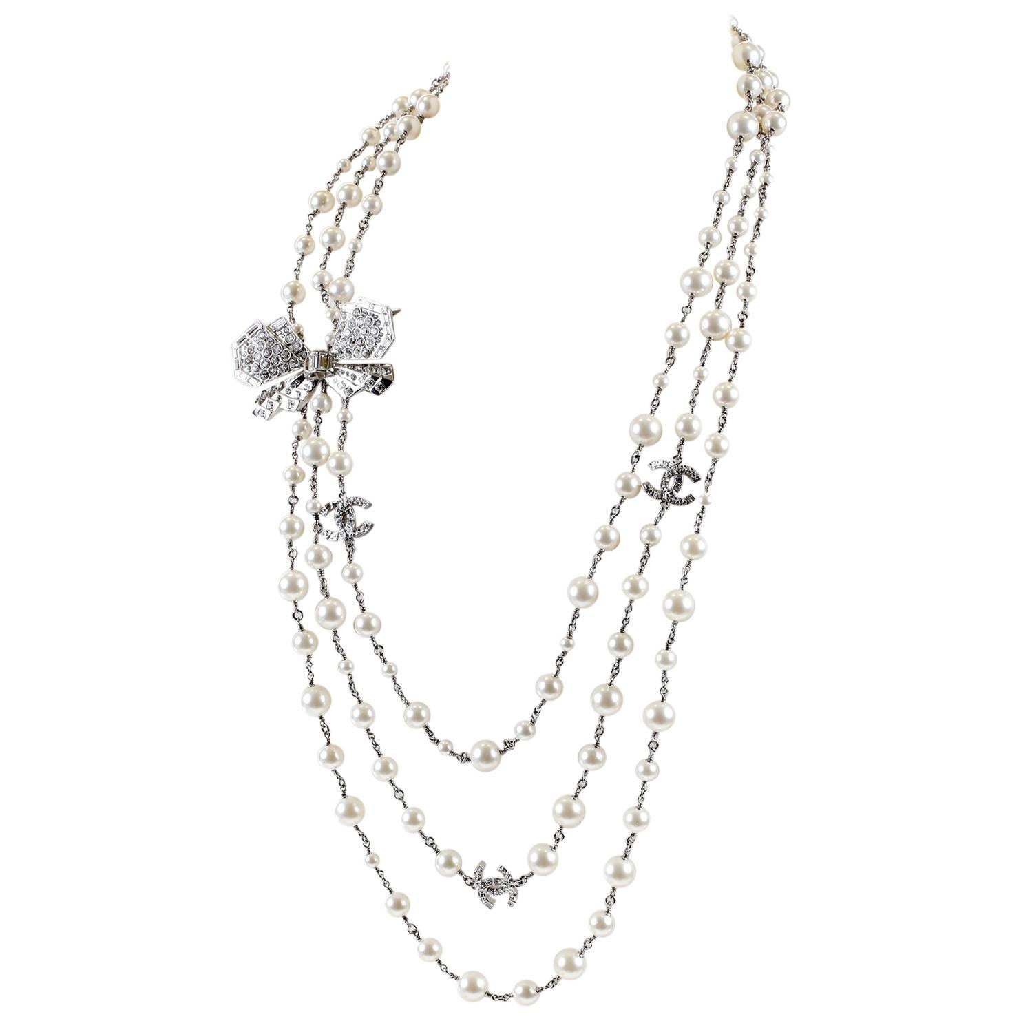 Chanel Crystal Jewel Butterfly Bow Multi Strand Pearl Necklace For Sale