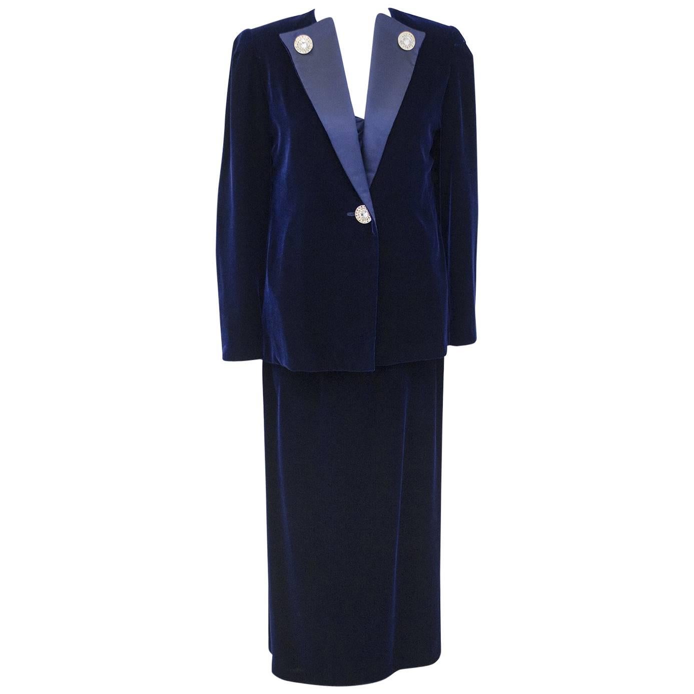 1970s Maggie Reeves Demi Couture Navy Blue Velvet and Silk 3 pc. Ensemble  For Sale
