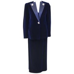 Vintage 1970s Maggie Reeves Demi Couture Navy Blue Velvet and Silk 3 pc. Ensemble 