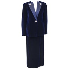 Vintage 1970s Maggie Reeves Demi Couture Navy Blue Velvet and Silk 3 pc. Ensemble