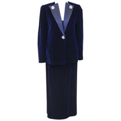 1970er Jahre Maggie Reeves Demi Couture Marineblauer Samt und Seide 3 Stück. Ensemble 